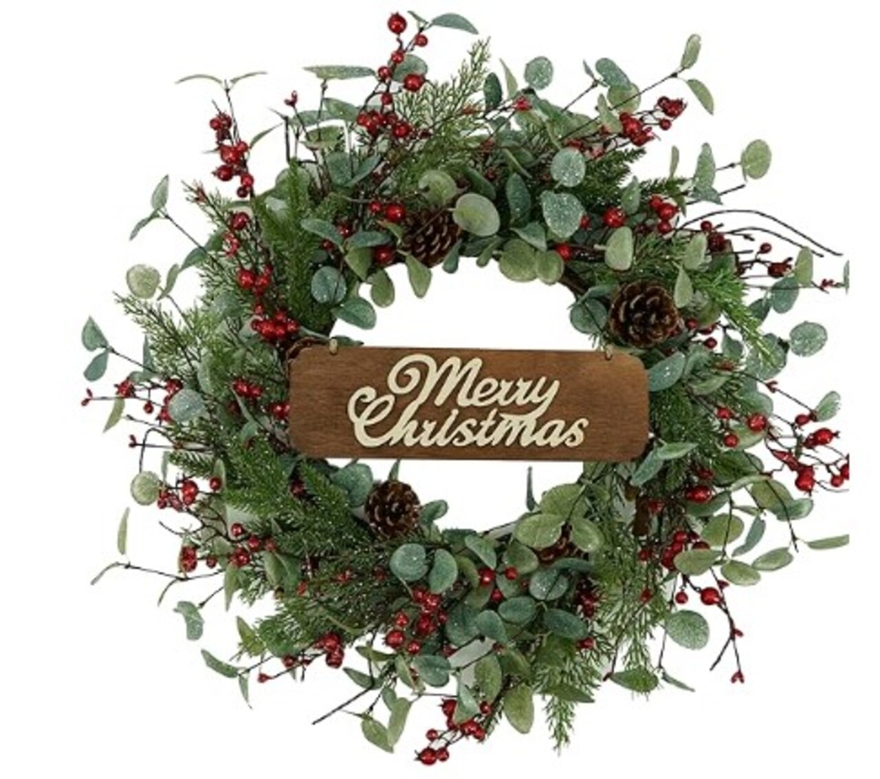 Christmas Wreath, Front Door Christmas Wreaths, Artificial Christmas Wreath with Sparkling Leaves and Pine Needles combined with Plump Pine and Red Berries, Indoor Wall Window Decor.